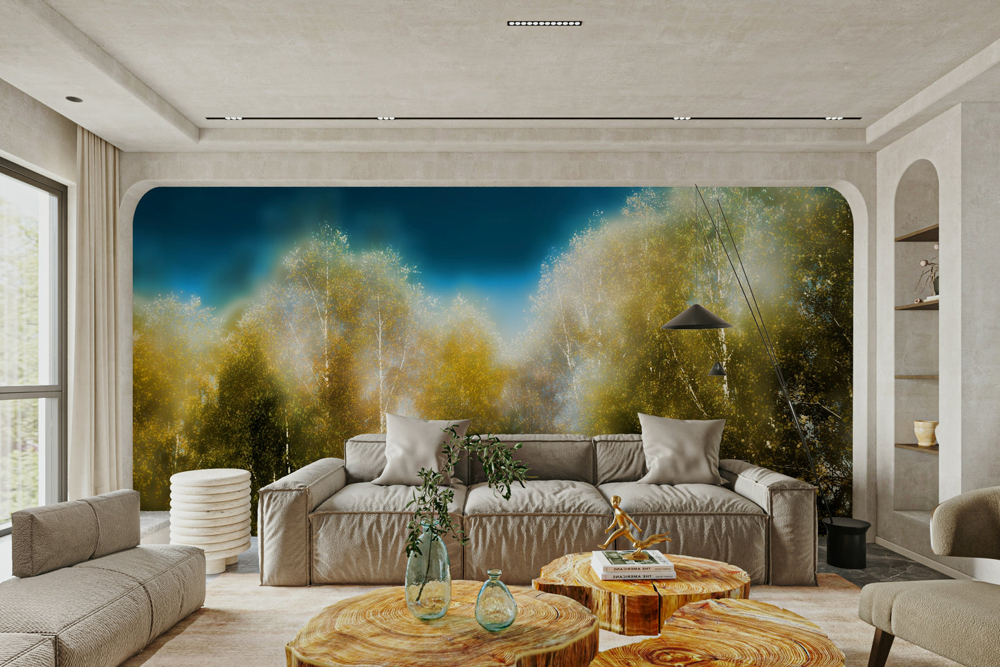 Muted fall colors like gold, rust, and soft green.

