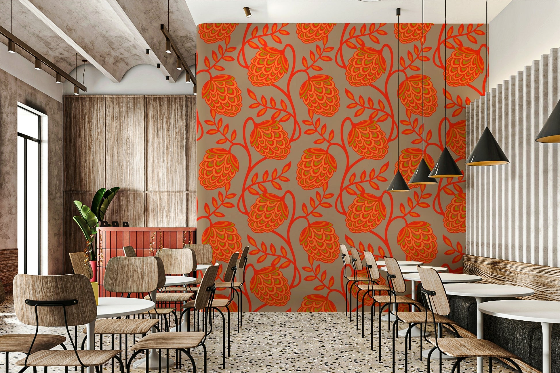 Peel and stick floral wallpaper in warm tones
