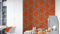 Coral orange floral wallpaper with beige tones
