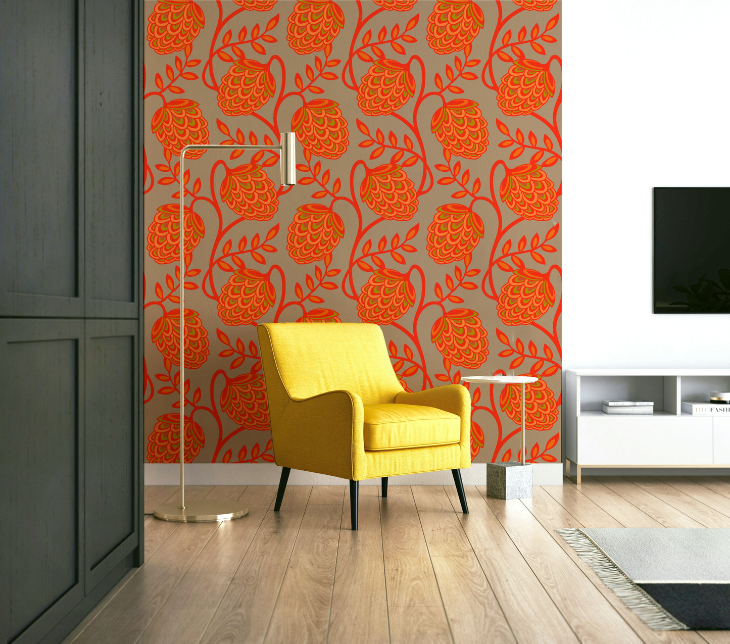 Accent wall with coral botanical wallpaper

