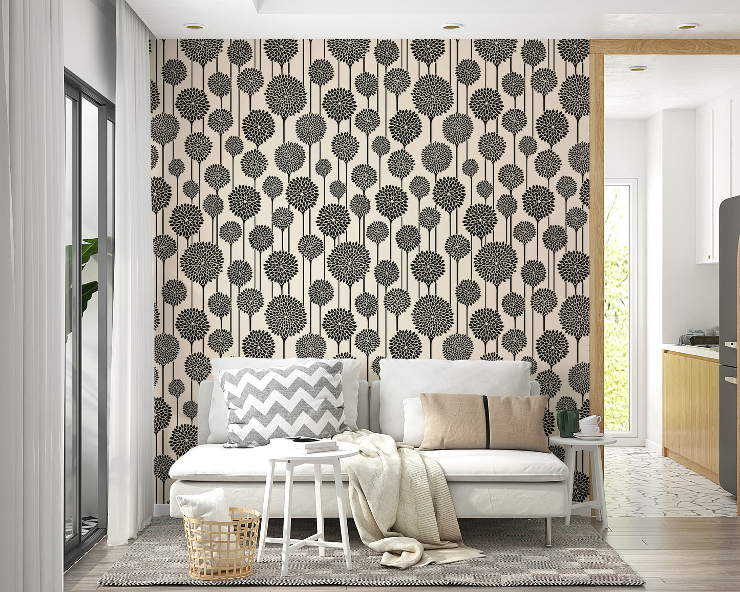 Scandi wallpaper with vintage floral touch
