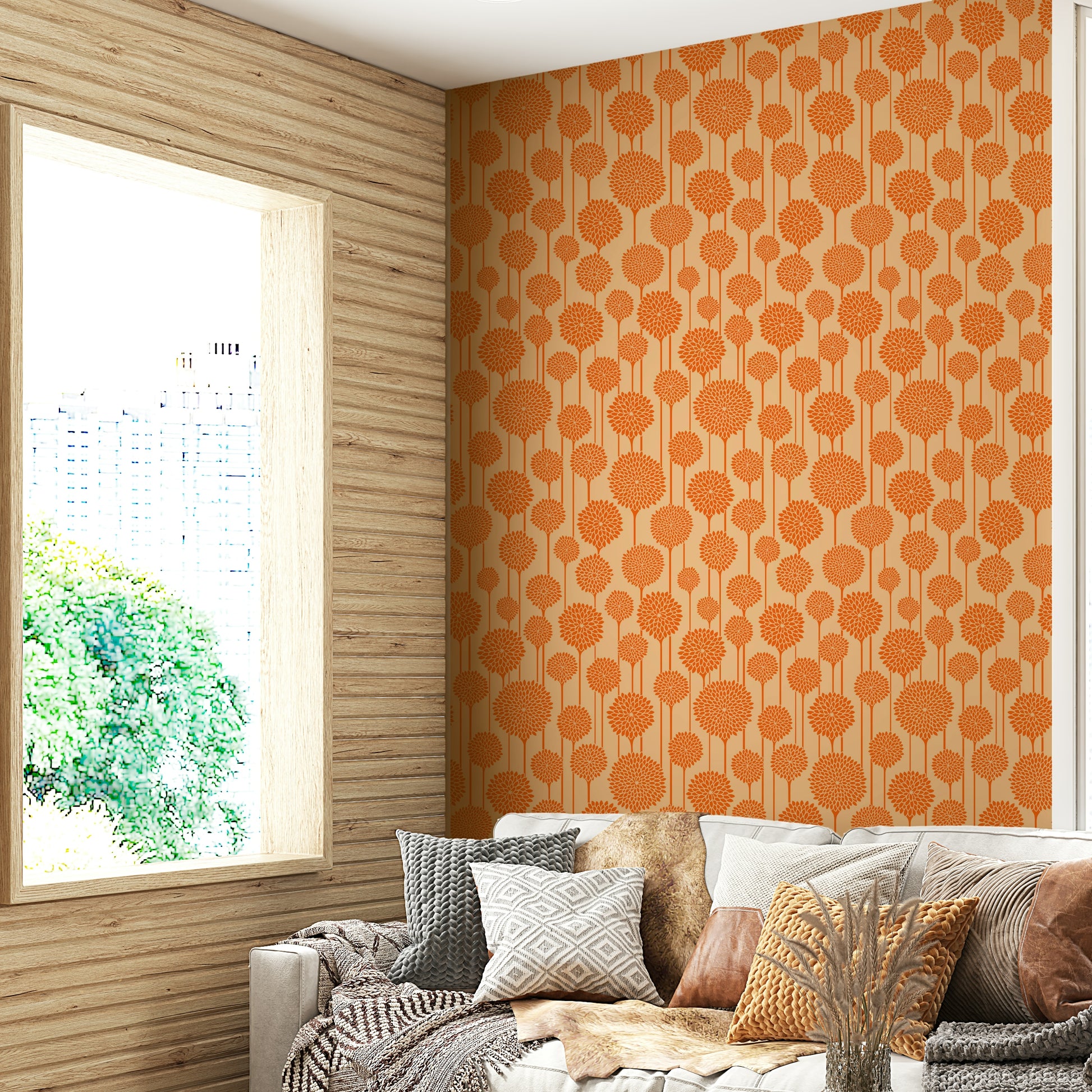 Peach-toned wallpaper in cozy kitchen
