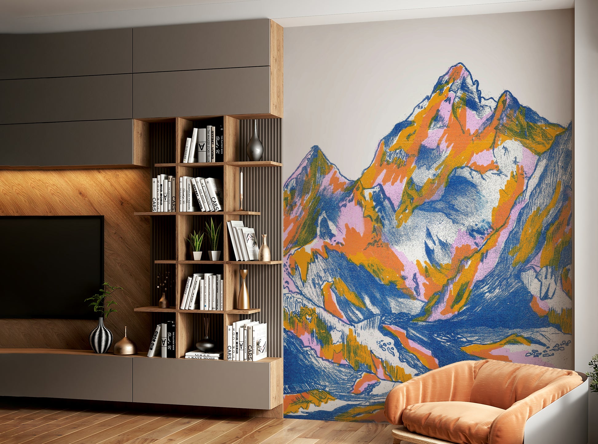 Layered hills wallpaper in modern tones
