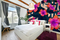 Lush tropical leaves and exotic flowers.

