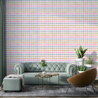 Checkered wall mural in muted pink and cream tones

