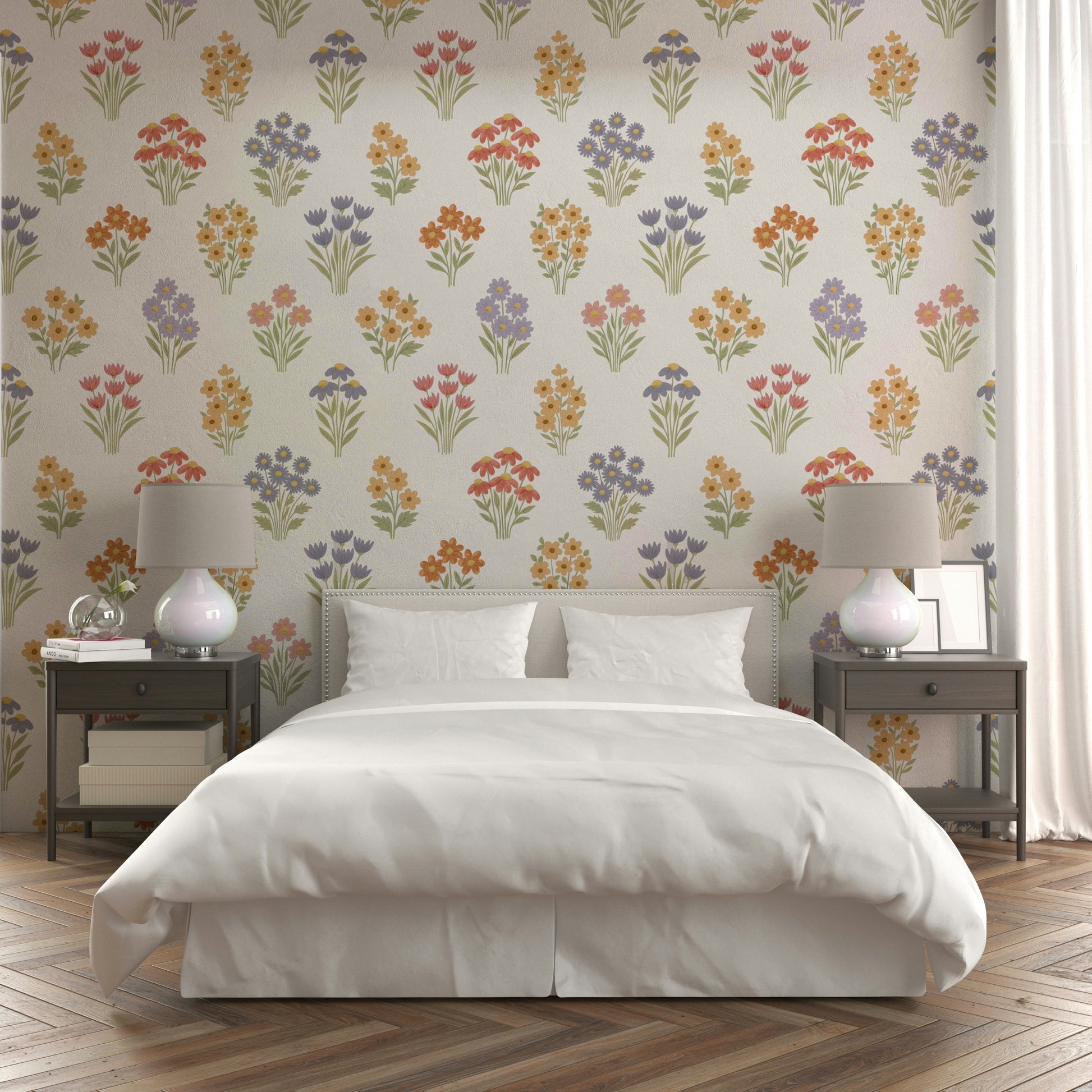 Wallpaper with meadow flowers in pastel tones

