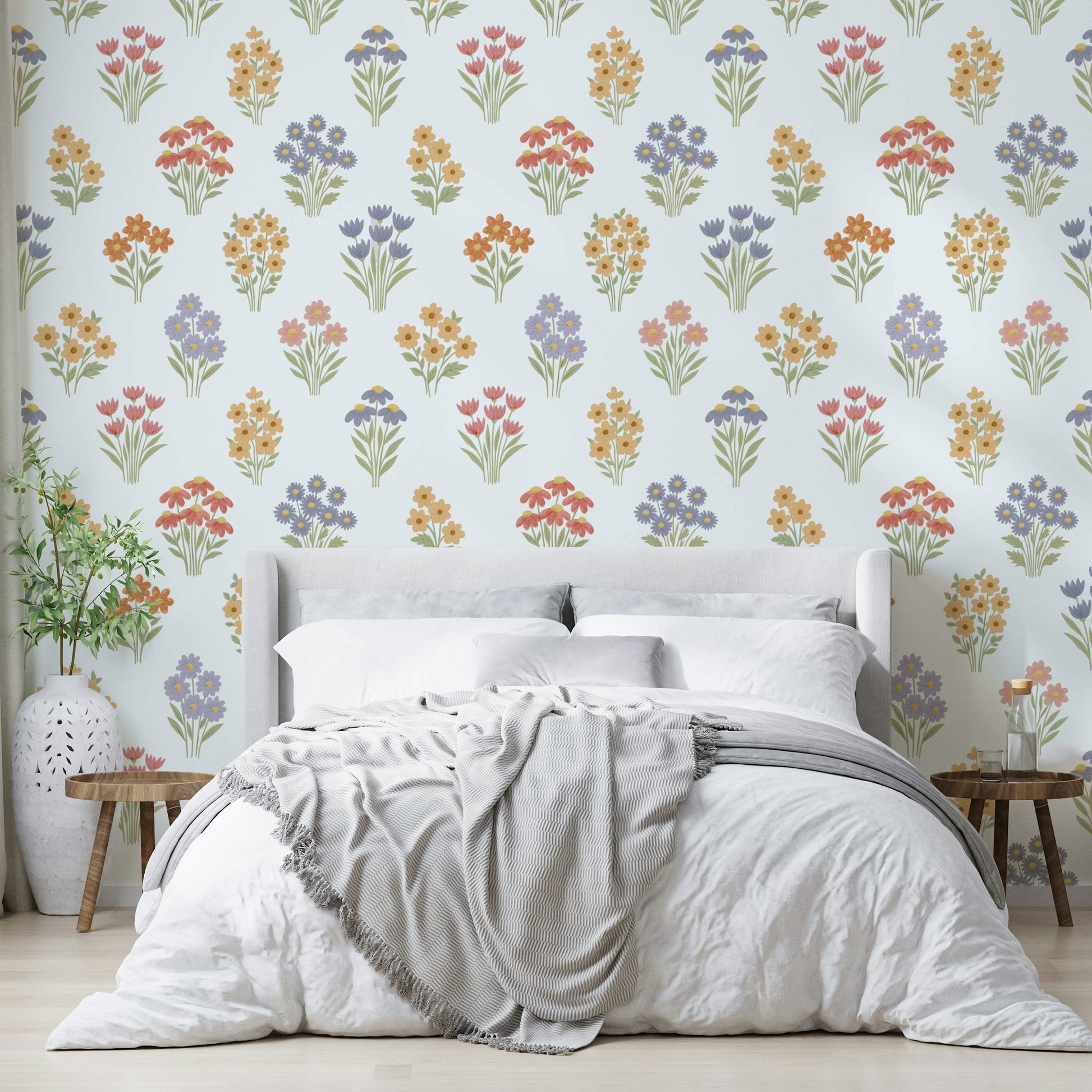 Hand-drawn pastel floral meadow wallpaper

