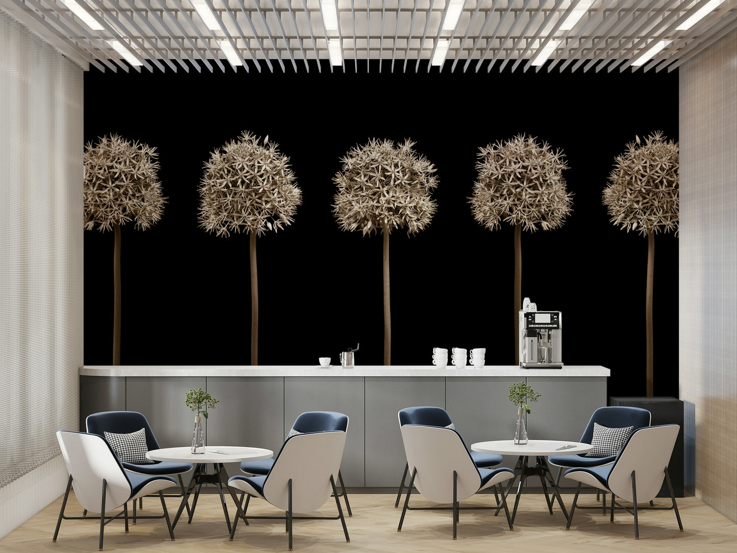 Five spherical white flowers.

