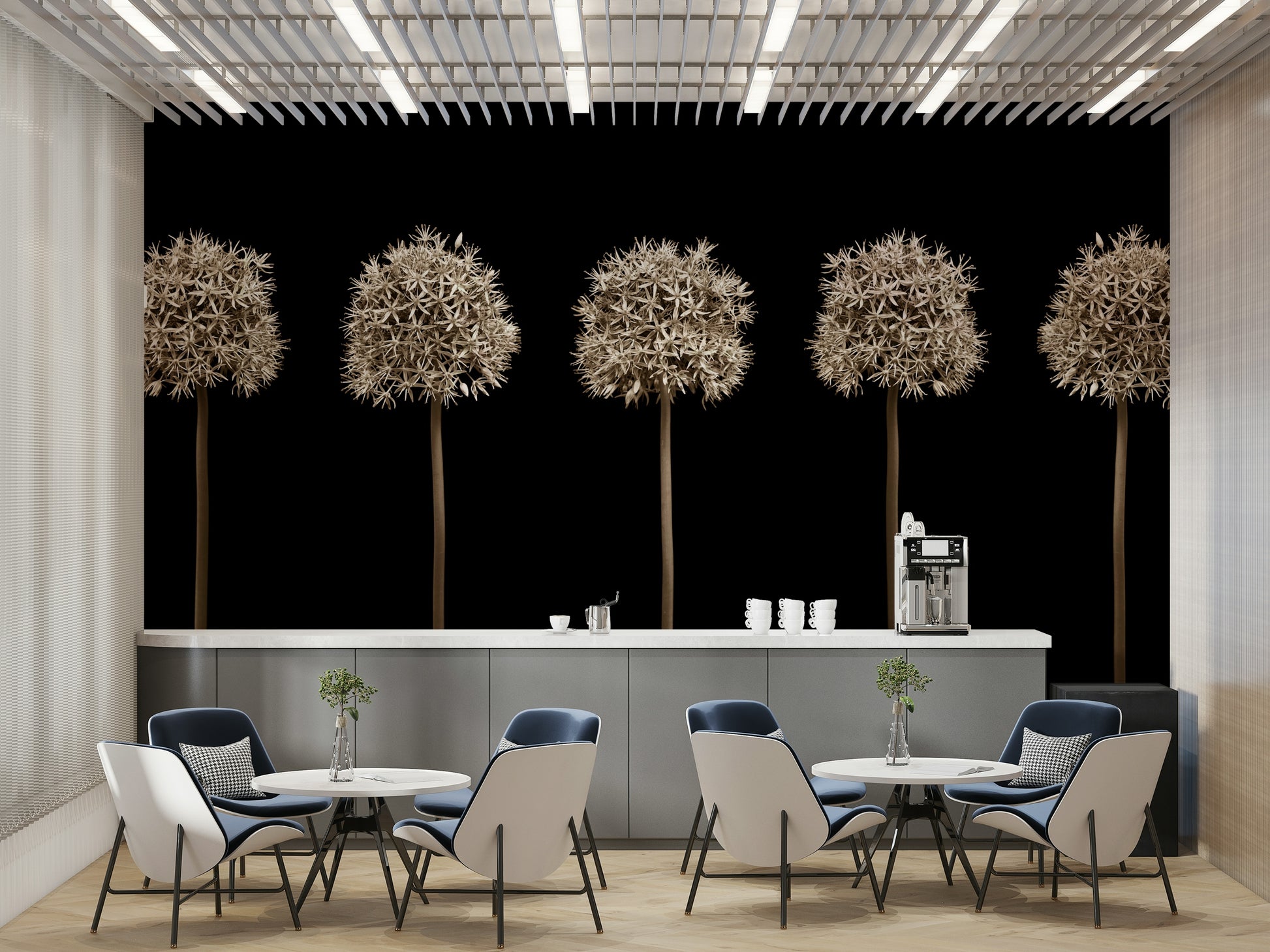 Five spherical white flowers.

