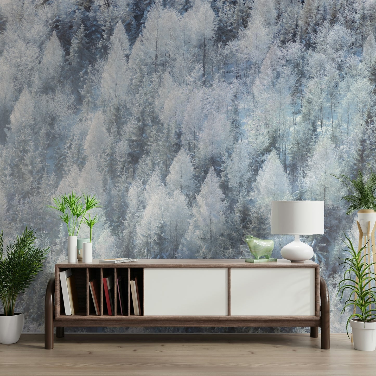 Wall decorated with winter nature art.

