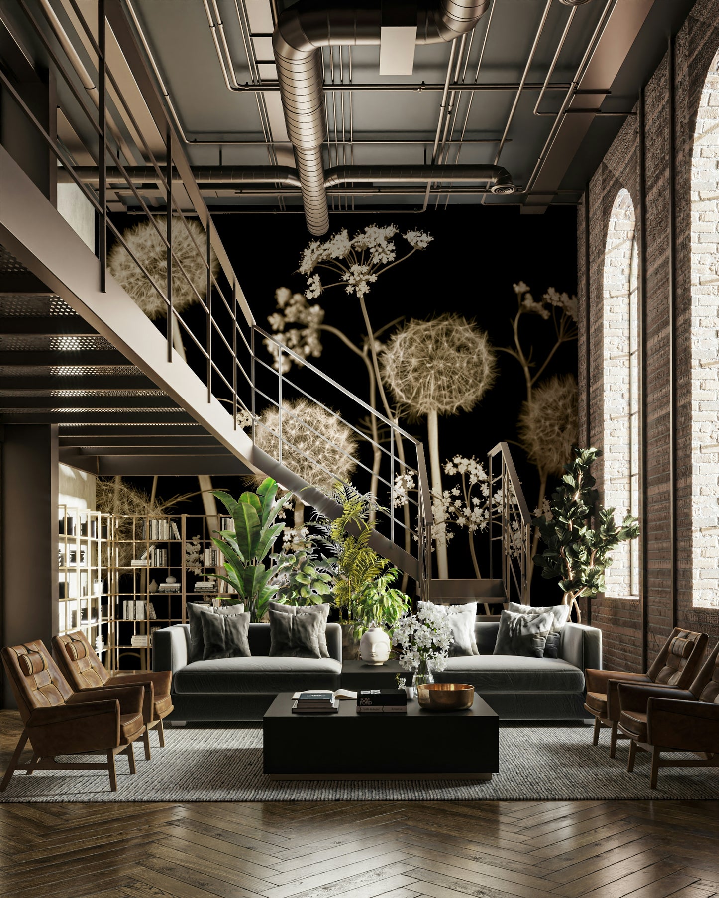 Bedroom with floral wall decor.


