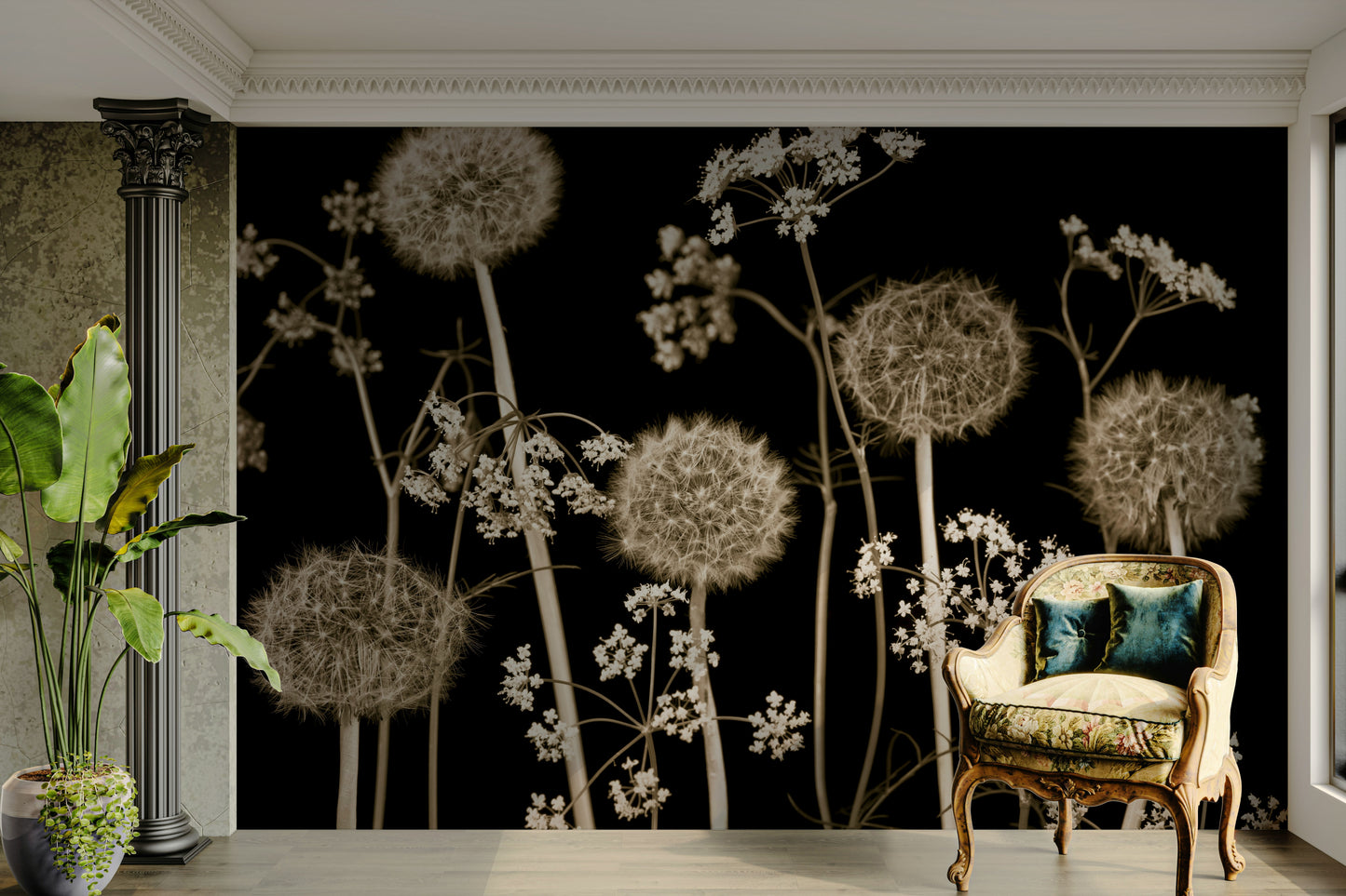 Close-up of pink floral wallpaper.

