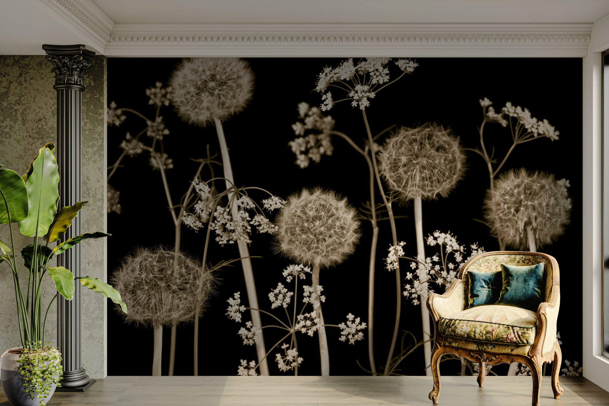 Close-up of pink floral wallpaper.

