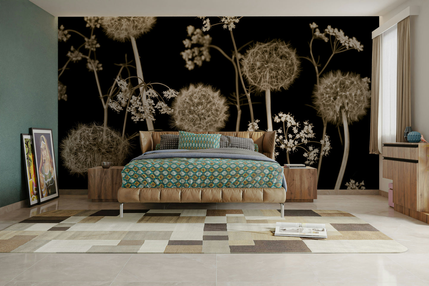 Living room featuring a flower mural.

