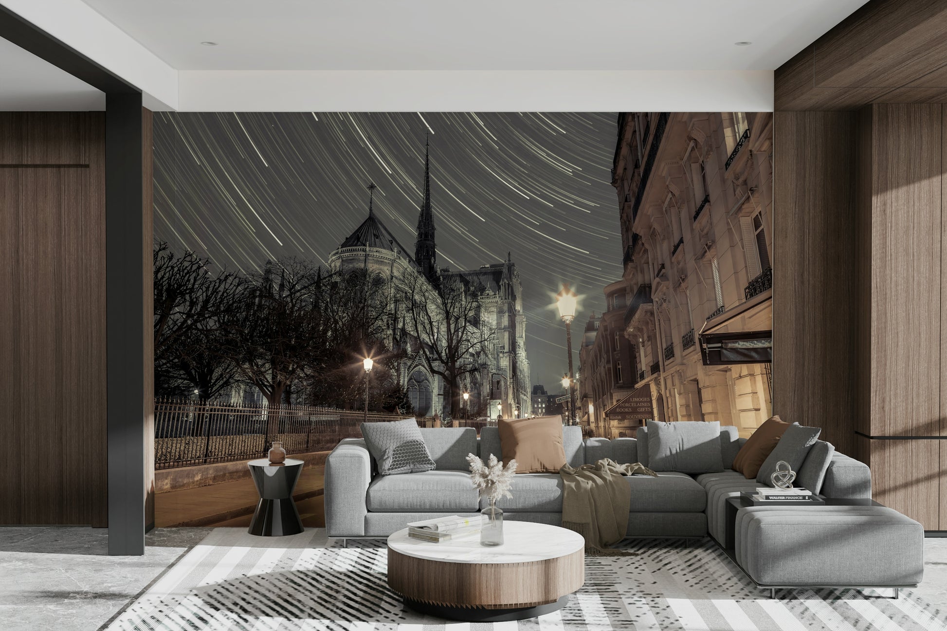 Paris street scene with cathedral.

