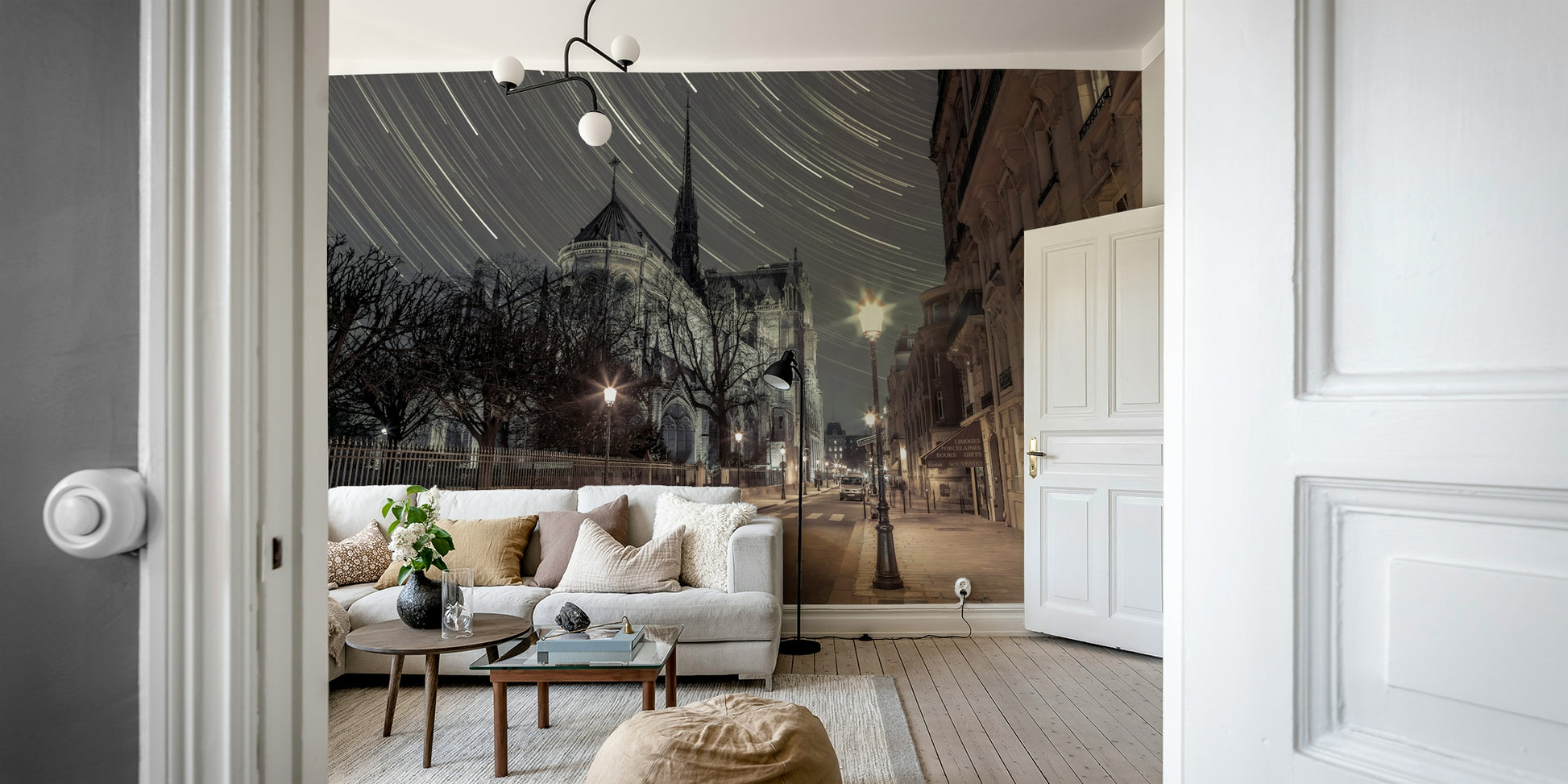 Classic Parisian street with lampposts.

