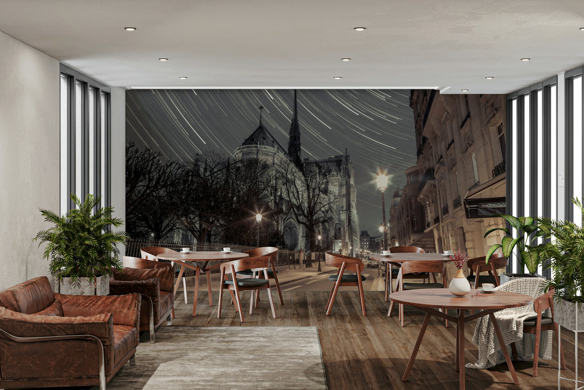 European city view on a wall.

