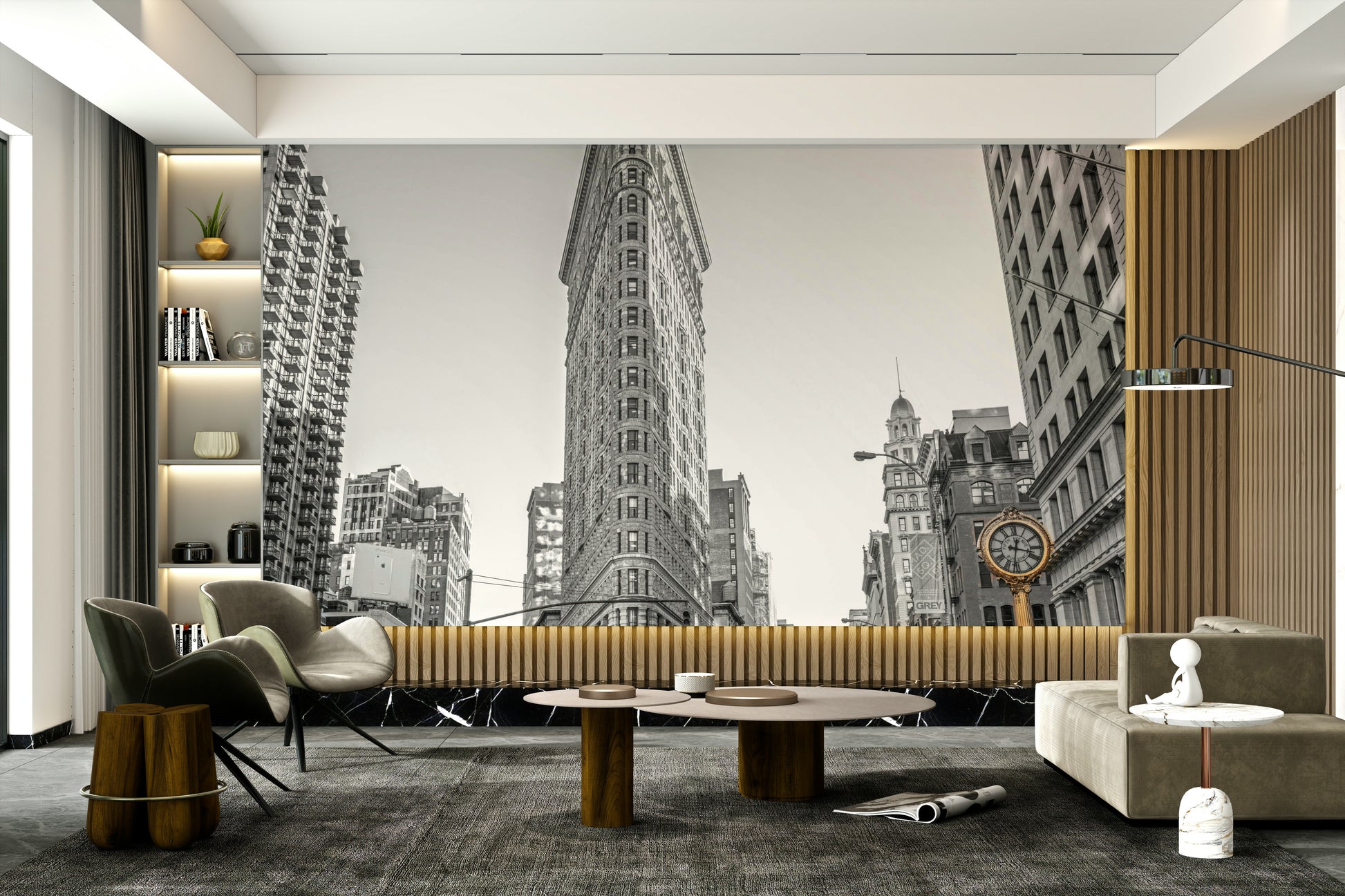 Black and white city street scene.

