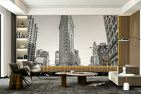 Black and white city street scene.

