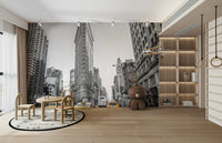 Urban life depicted on a wall.

