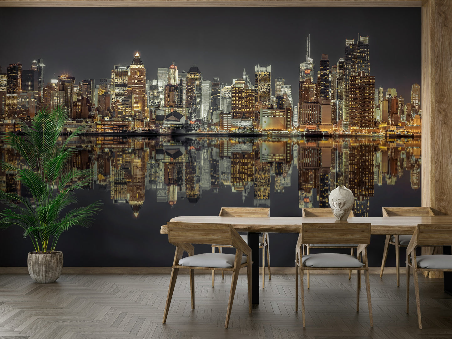 Skyscrapers mirrored on water.

