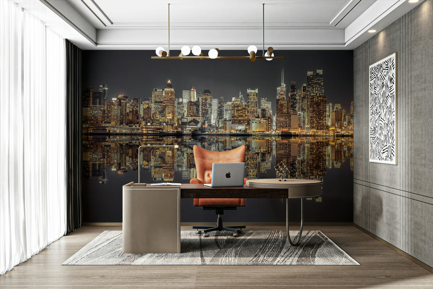 Illuminated buildings on the horizon.

