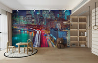 Iconic NYC bridge and buildings.

