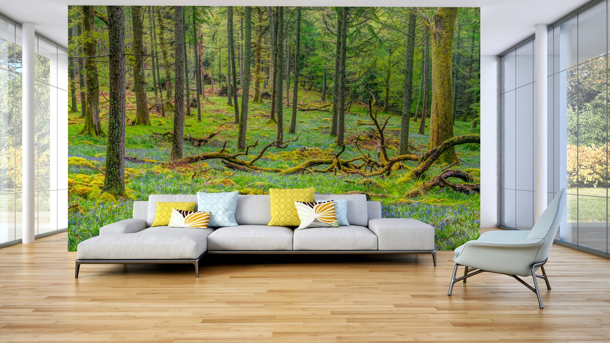 Lush trees on a wall mural.

