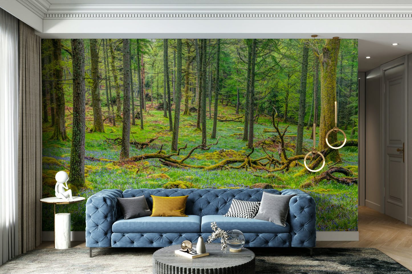 Light-filled forest design on wall.

