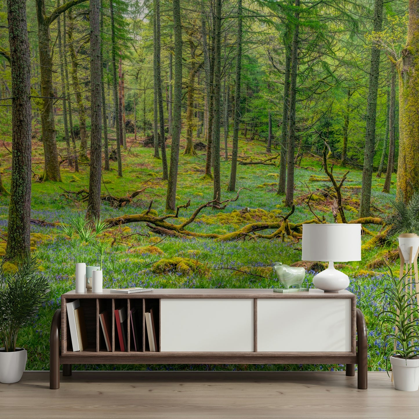 Living room featuring a forest mural.

