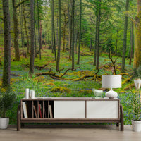 Living room featuring a forest mural.

