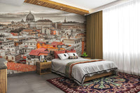 Rooftops of Rome with a grand basilica.

