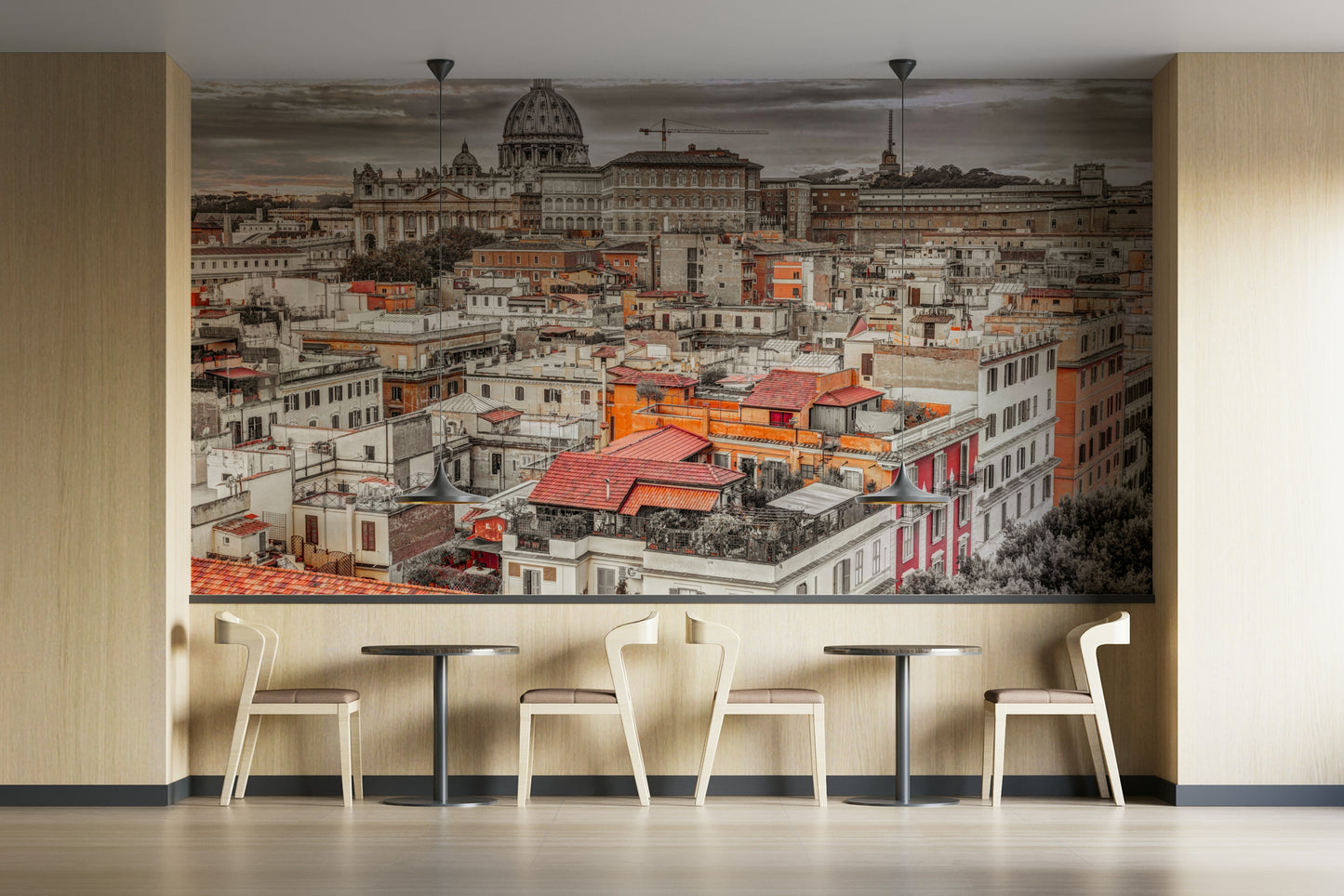 Architectural cityscape on wallpaper.

