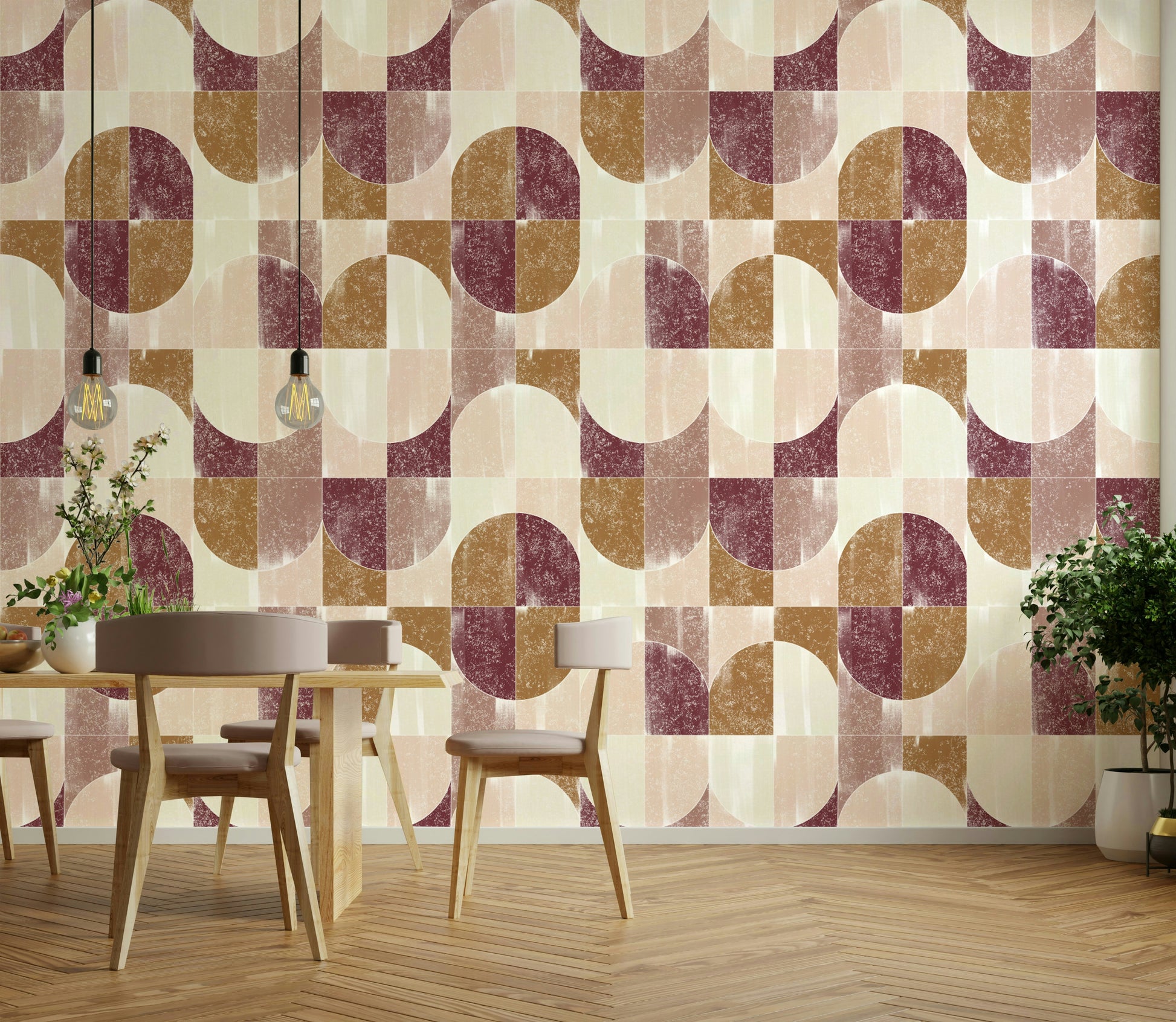 Artistic wall covering with tiles.

