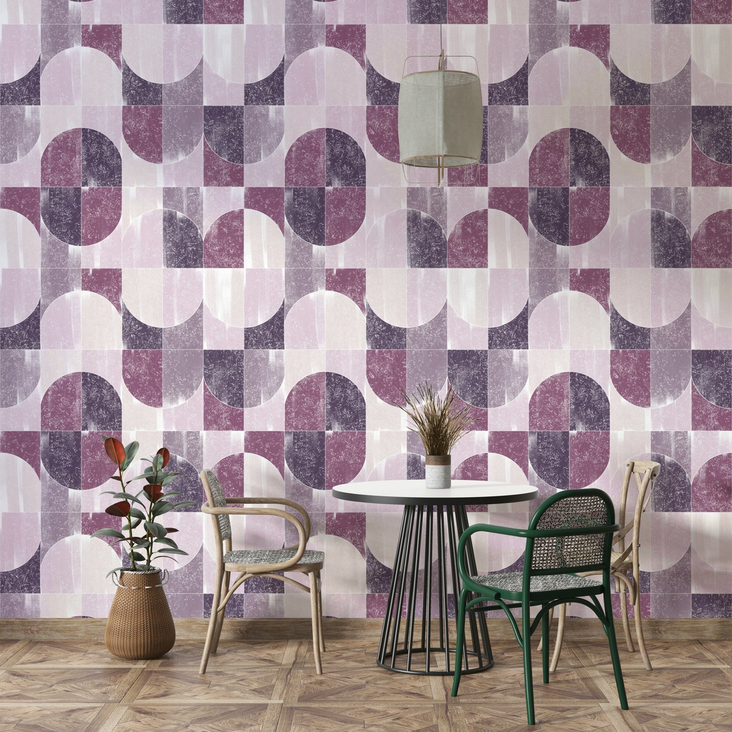 Artistic wall covering with tiles.

