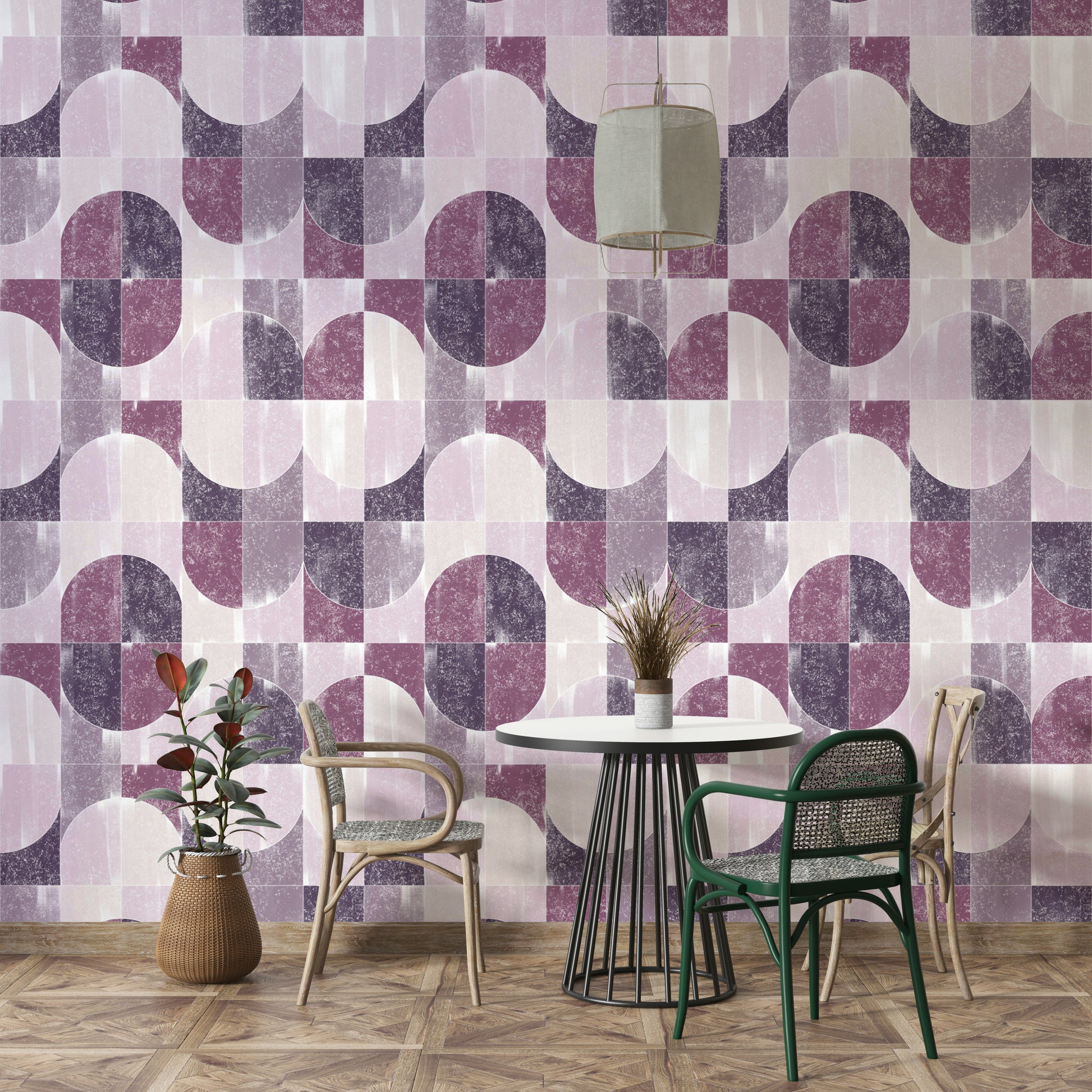 Artistic wall covering with tiles.

