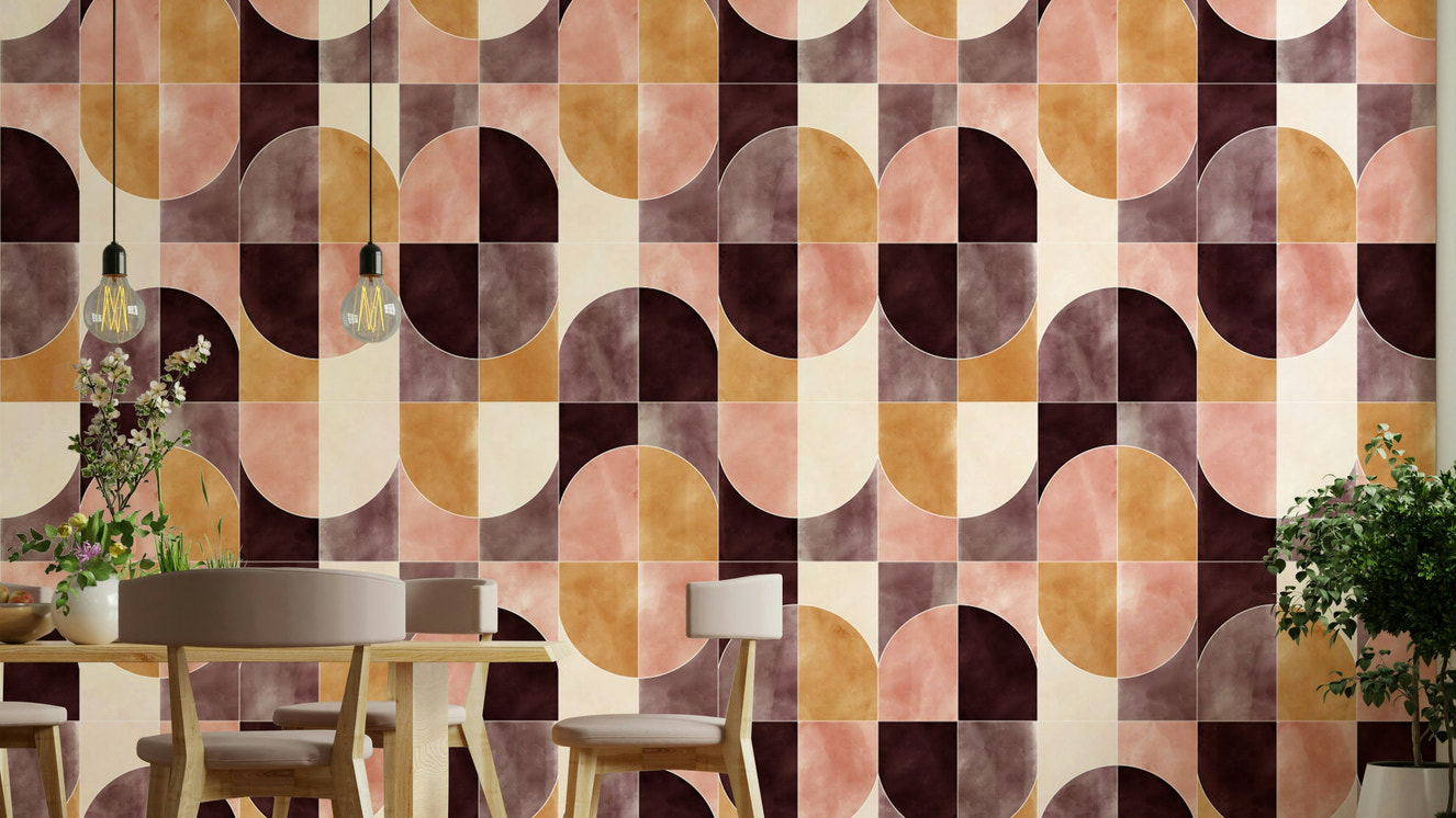 Artistic wall covering with tiles.

