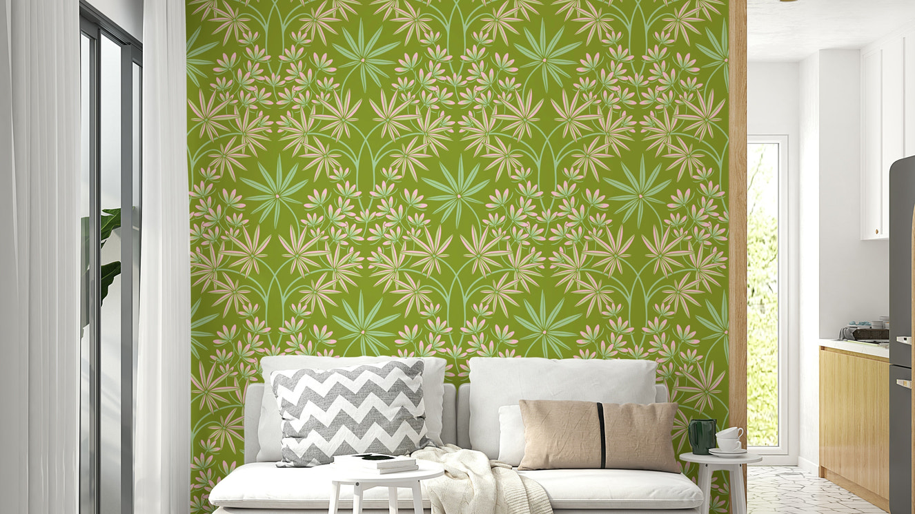 Cottage spring green colored wallpaper.

