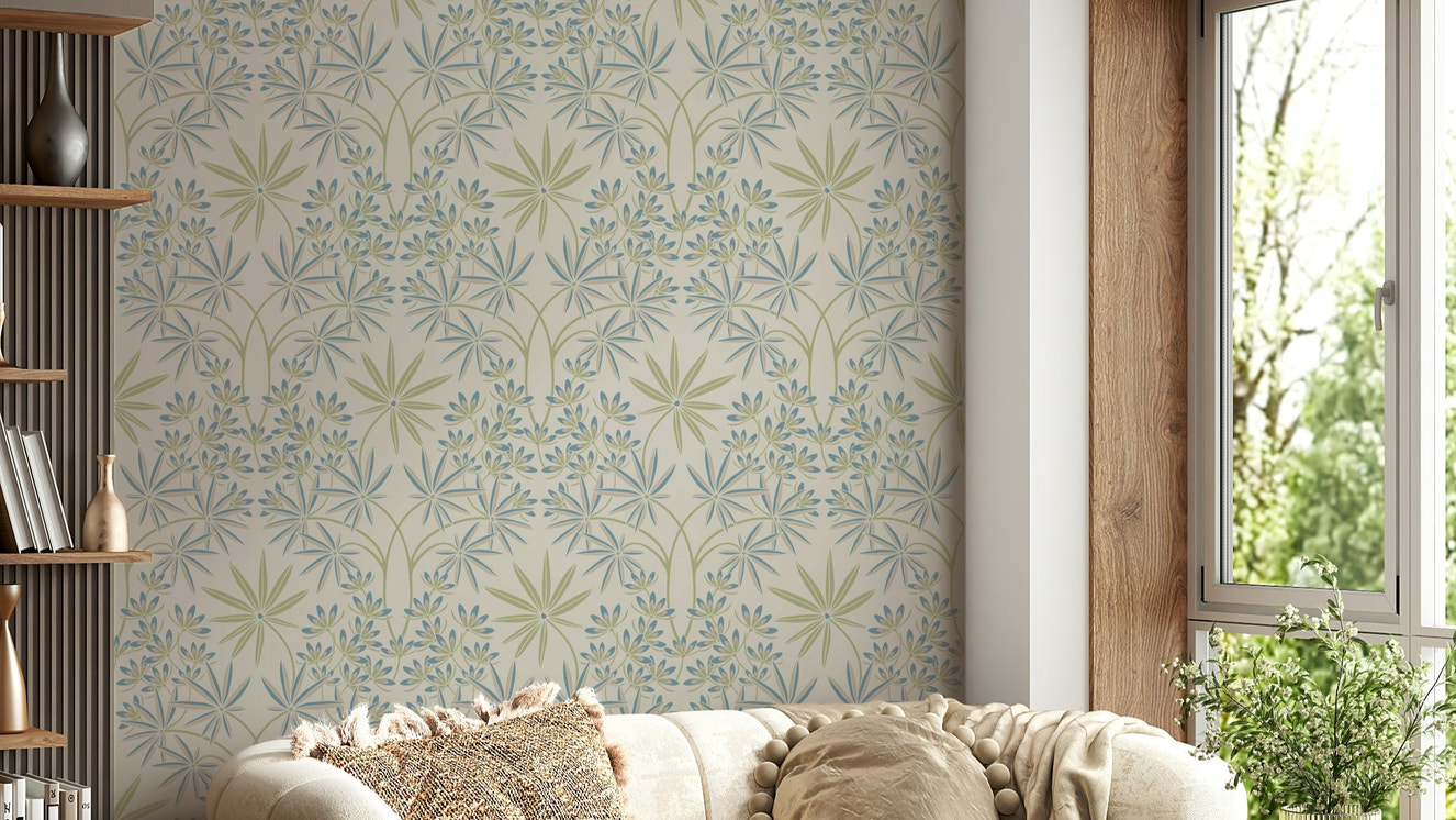 Accent wall with floral pattern.

