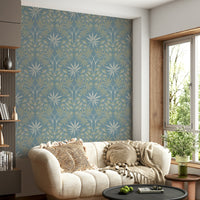 Accent wall with floral pattern.

