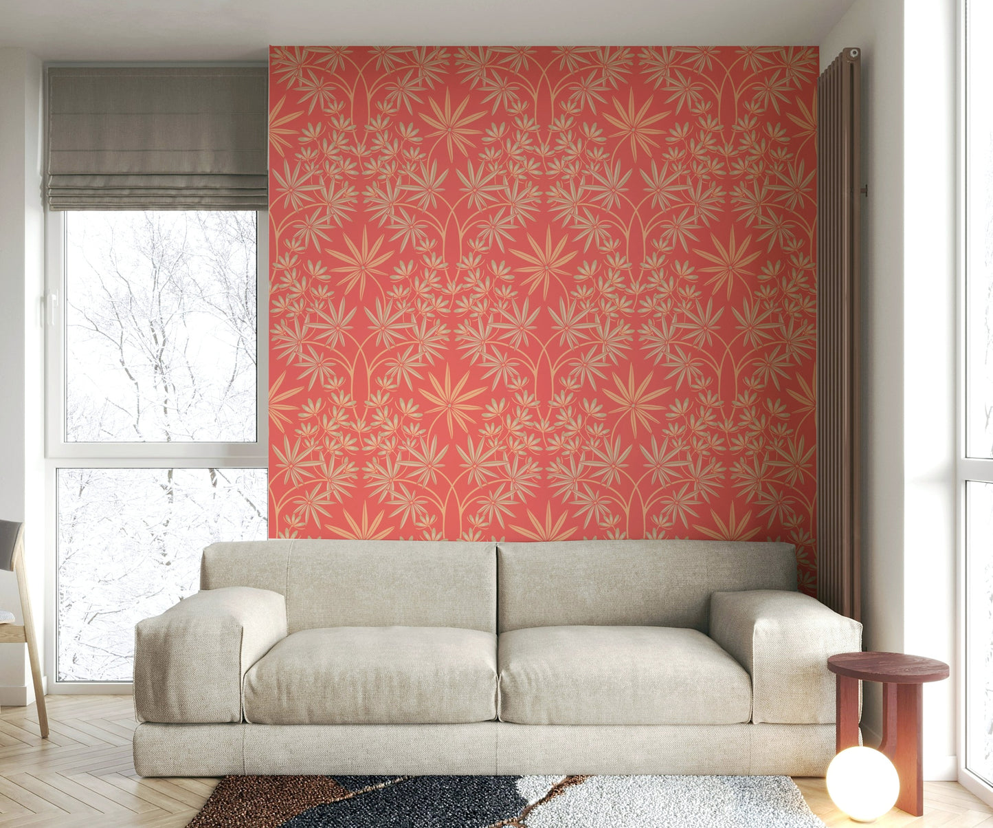 Luxurious peach-toned wallpaper.

