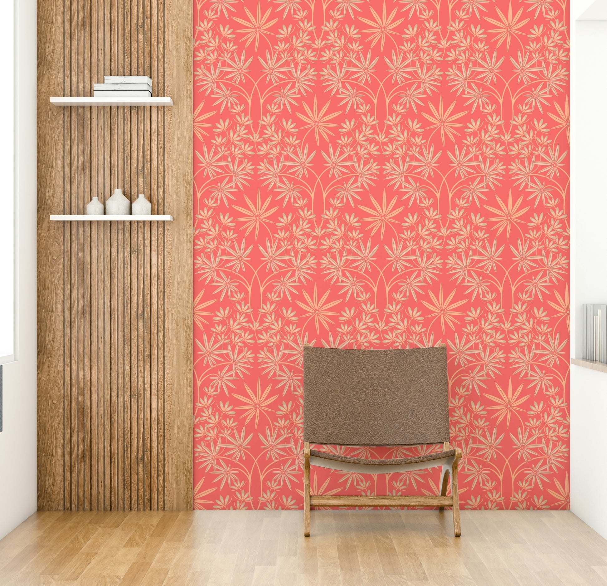 Textured damask wallpaper.

