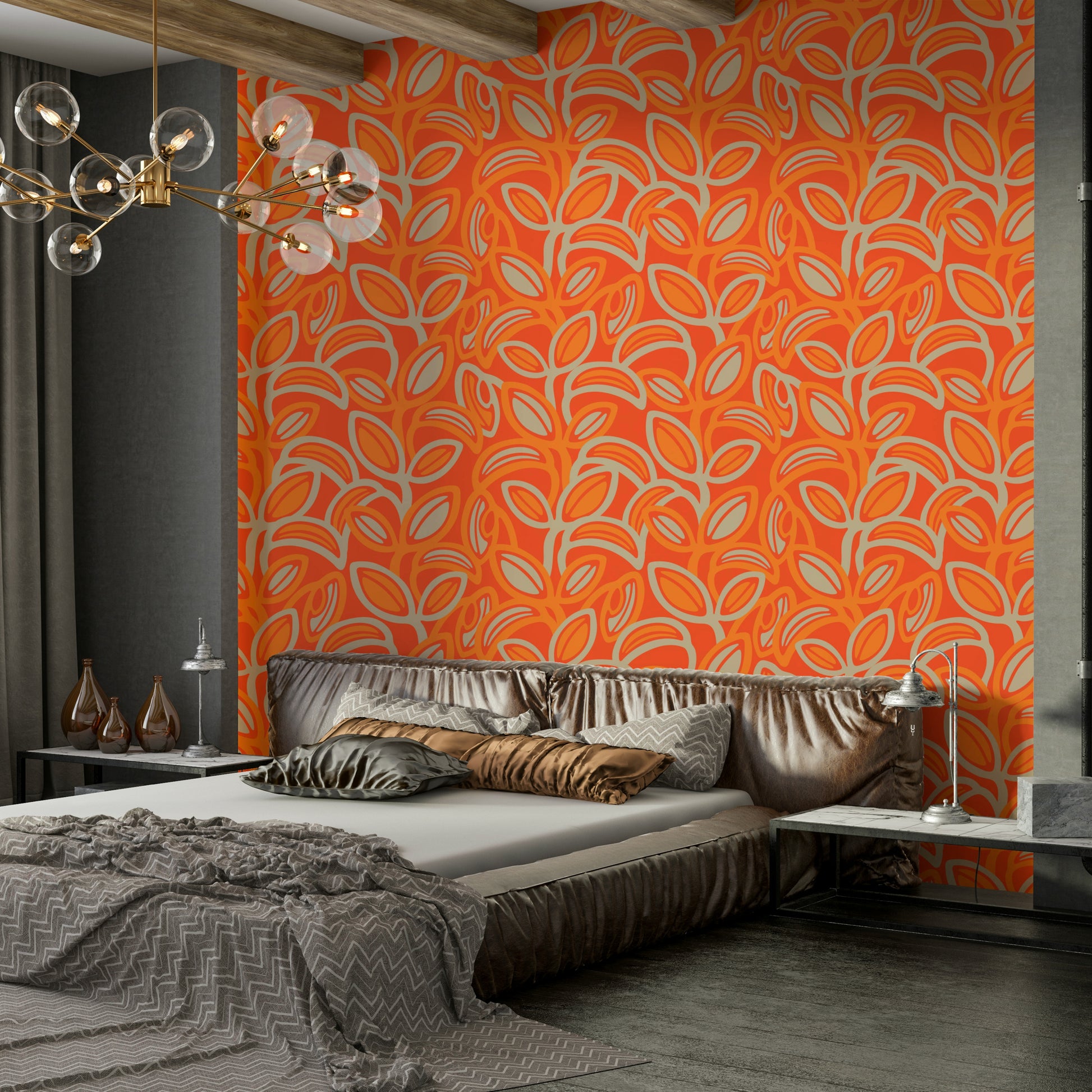 Interior design with colorful wallpaper.

