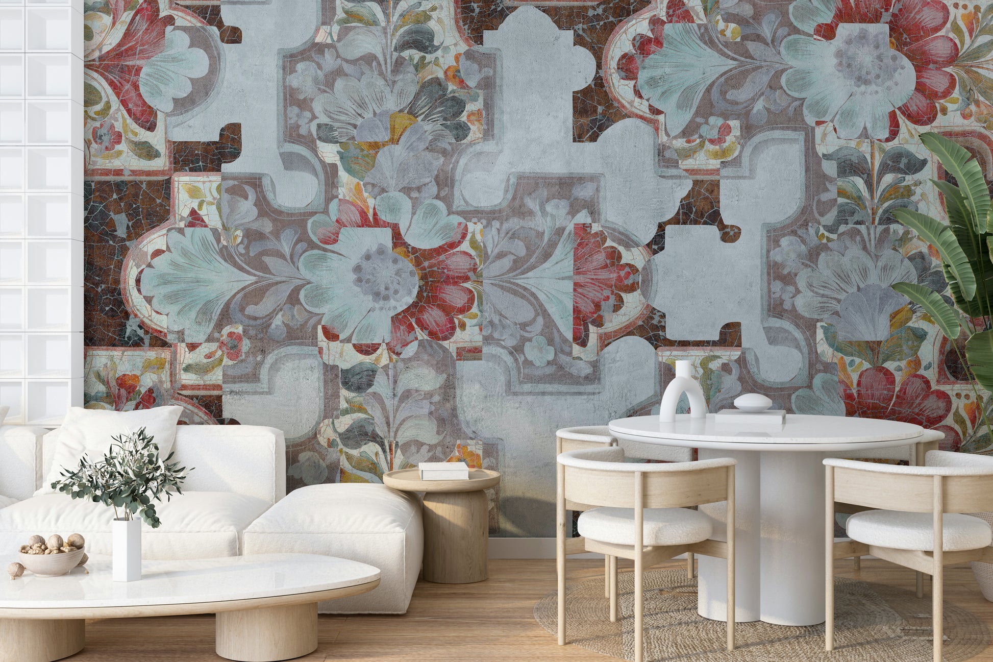 Rich hues and intricate floral details.

