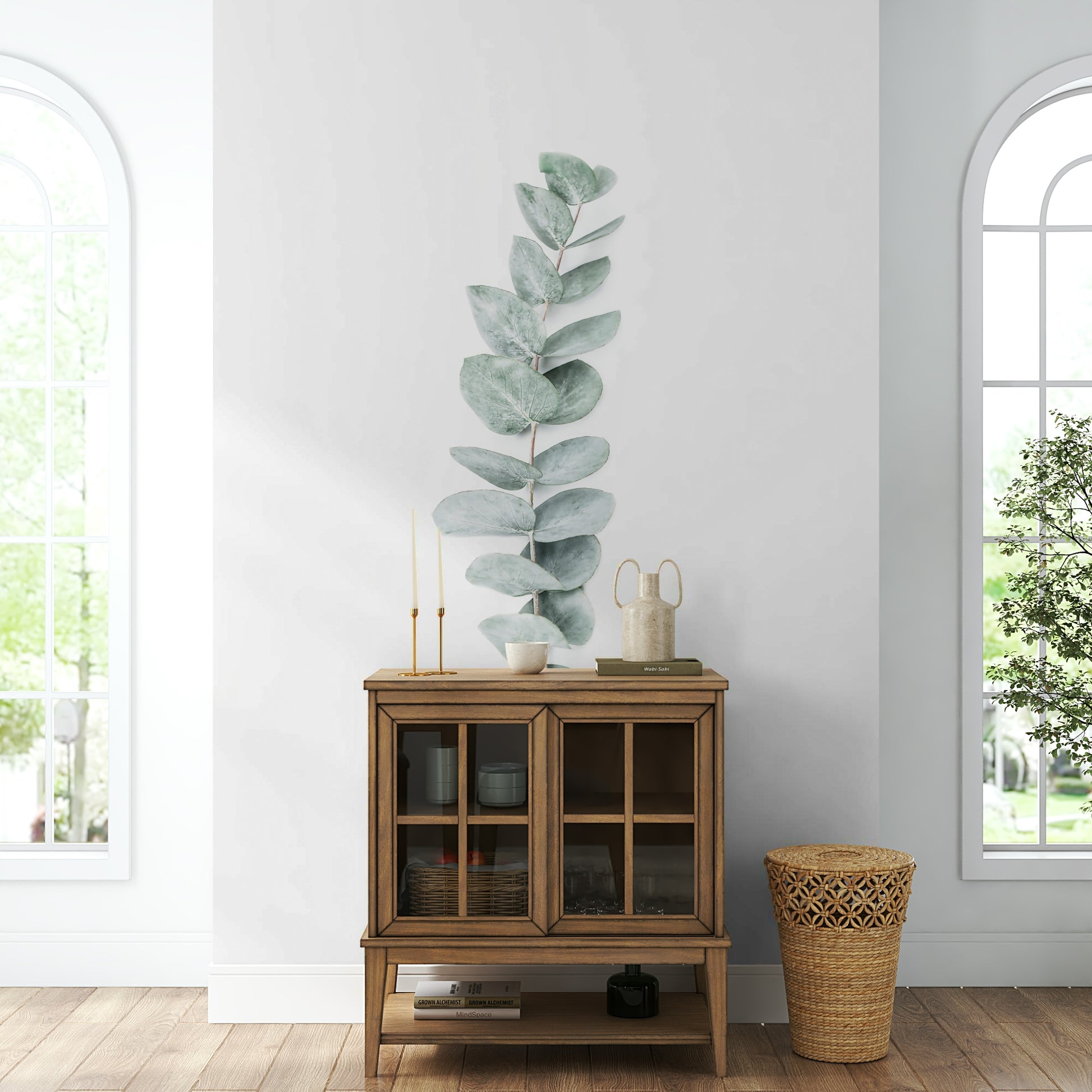 Subtle hues of green and muted tones.

