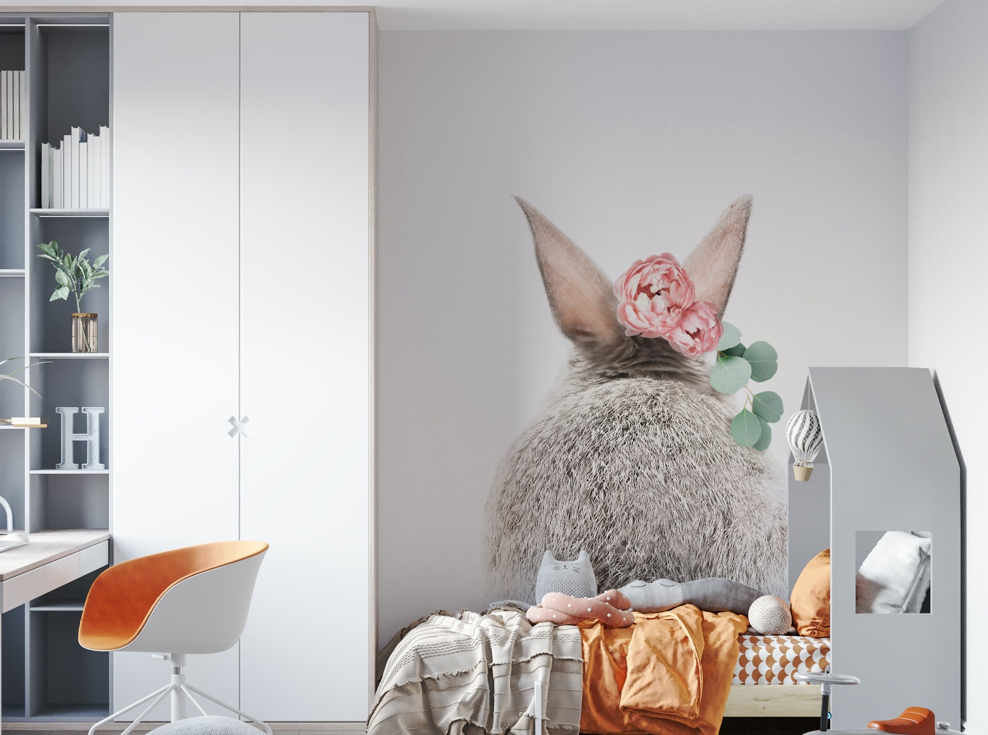 Focus on the bunny's fluffy tail and floral details.

