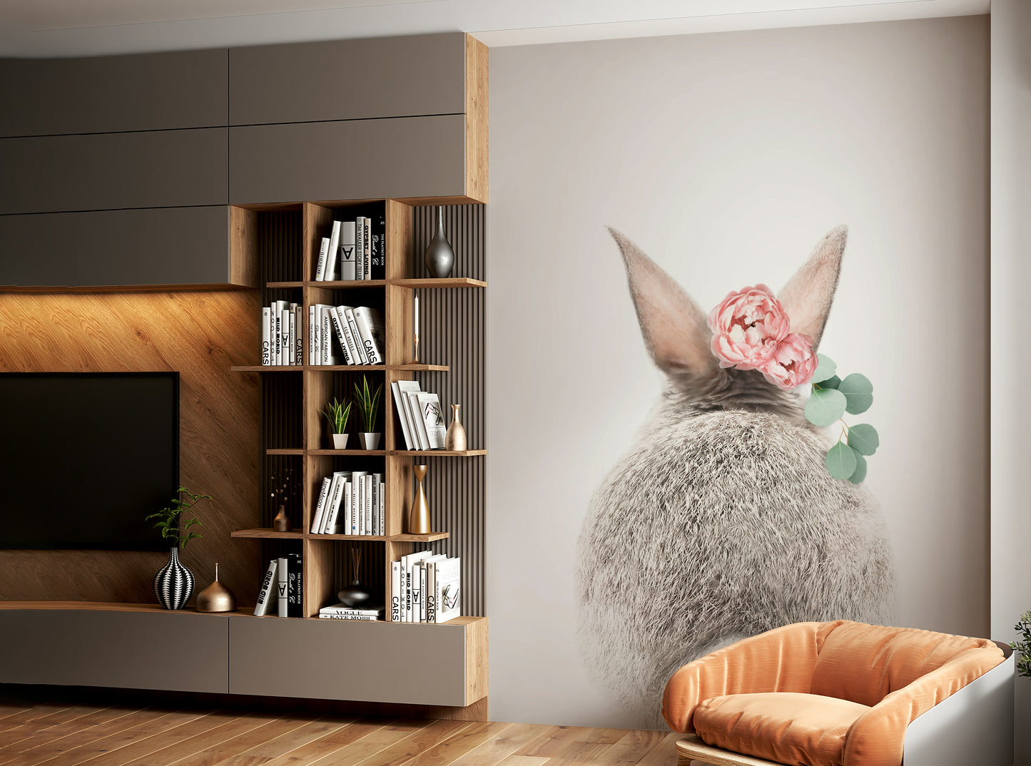 Soft colors of bunny fur and flowers.

