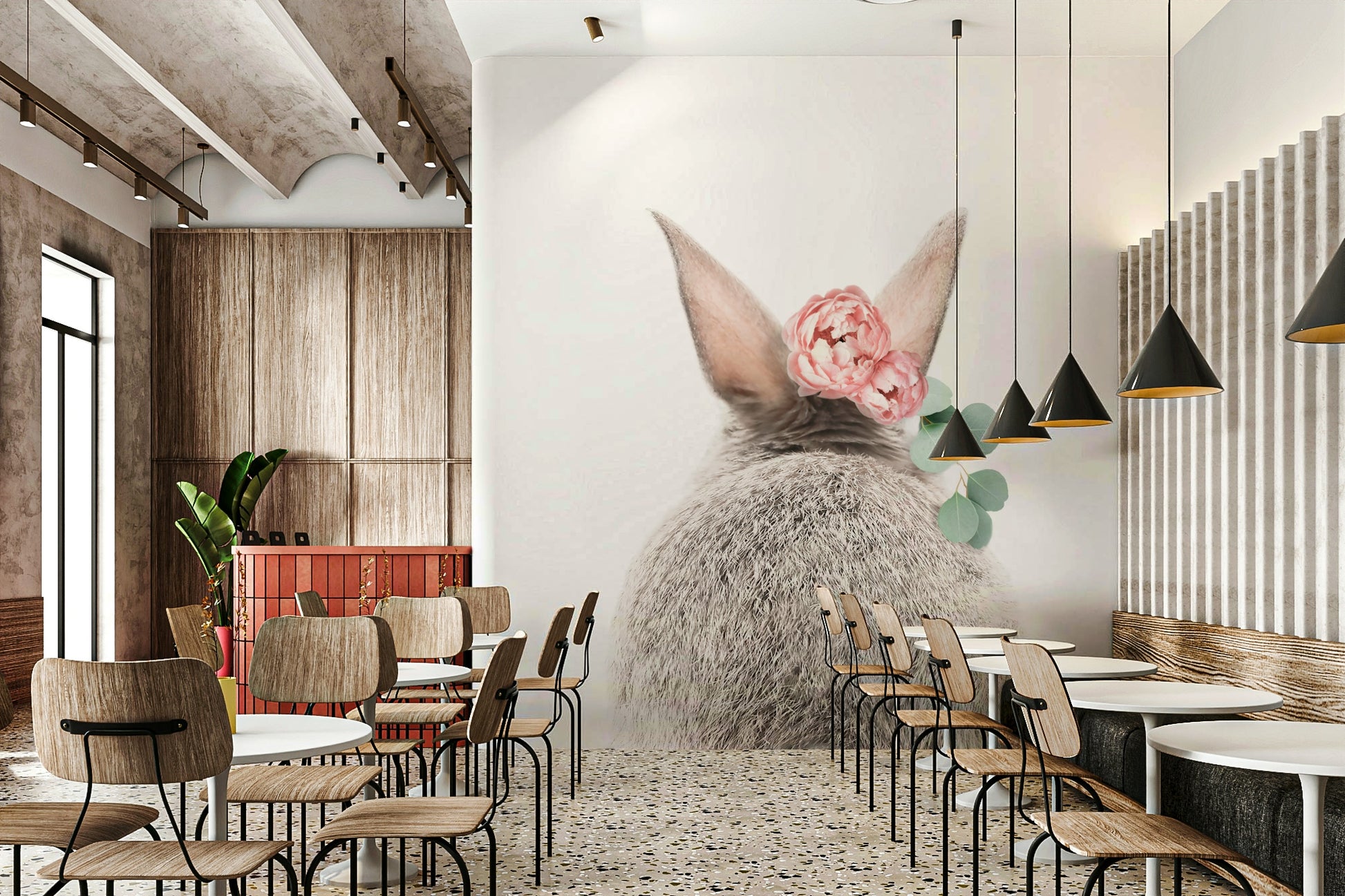 High-resolution image of a bunny and flowers.

