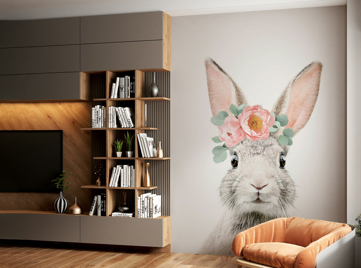 Adorable bunny with floral elements.

