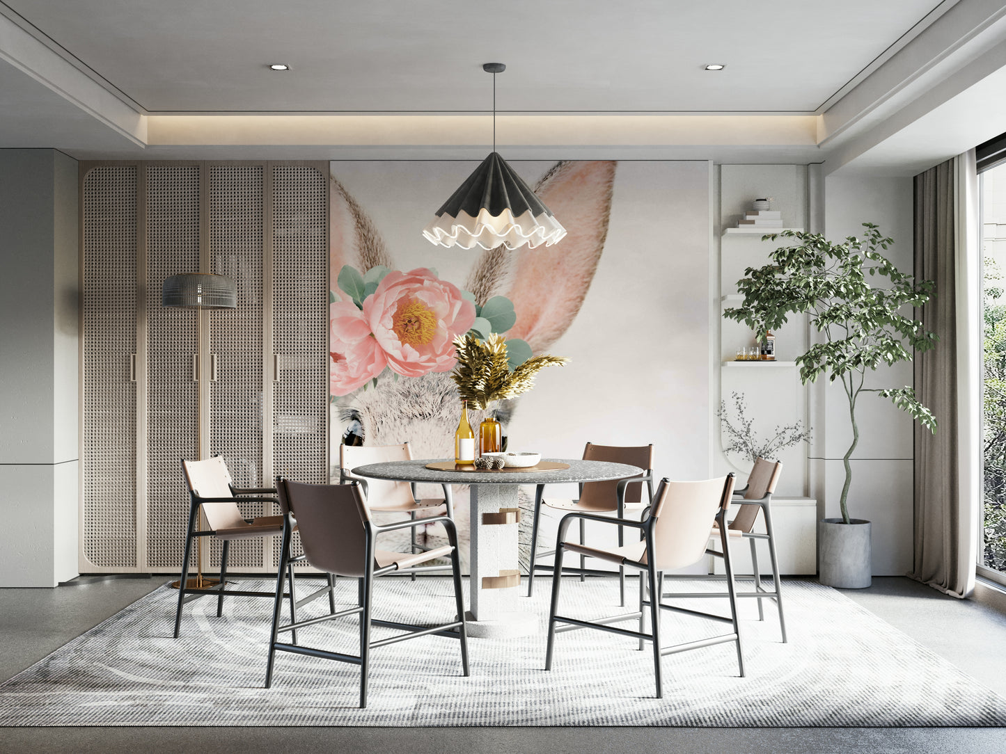 Soft colors of bunny fur and flowers.

